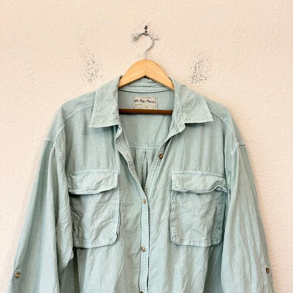 WE THE FREE Made For Sun Linen Shirt Mint Green Roll Tab Sleeve - Picture 5 of 13